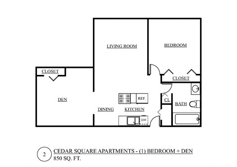 Floor plan for 1 bed, 1 bath, 850 sqft